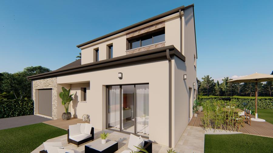 Façade 3D avec parement pierre et toiture zinc