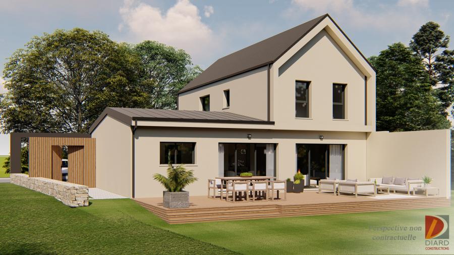 Rendu 3D de la façade arrière de cette maison avec belle terrasse