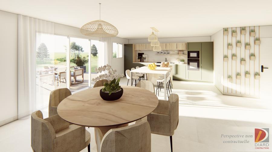 Rendu 3D du séjour avec cuisine ouverte pour des moments conviviaux