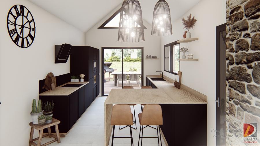 Rendu 3D de la cuisine après rénovation avec un beau déplafonné