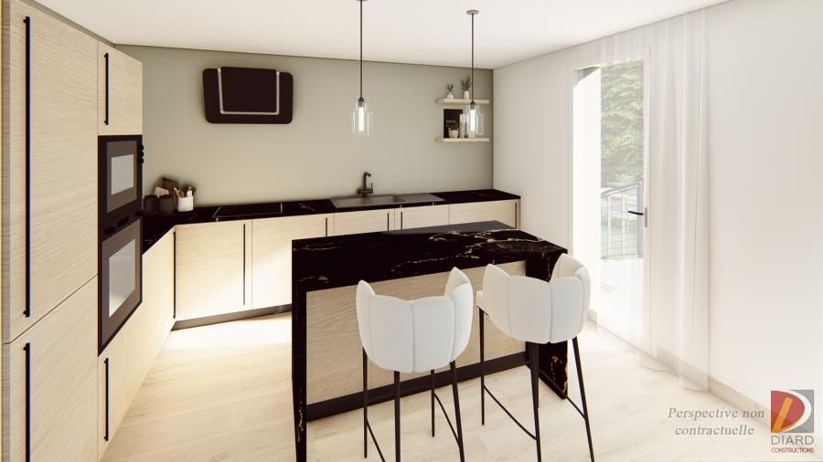 Rendu 3D de la cuisine, tons verts et bois pour un rendu chaleureux