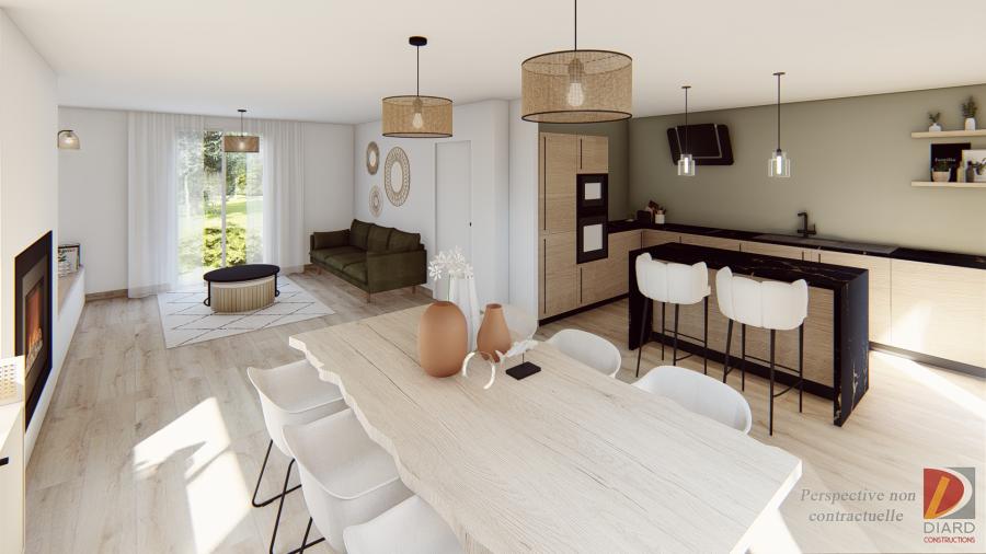 Rendu 3D de la pièce de vie de cette maison une fois rénovée