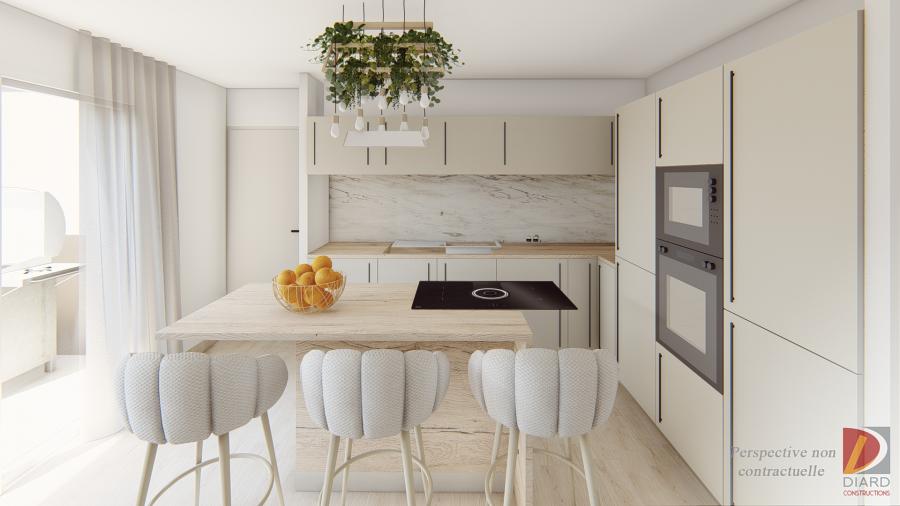Rendu 3D de la cuisine aux couleurs claires et chaleureuses