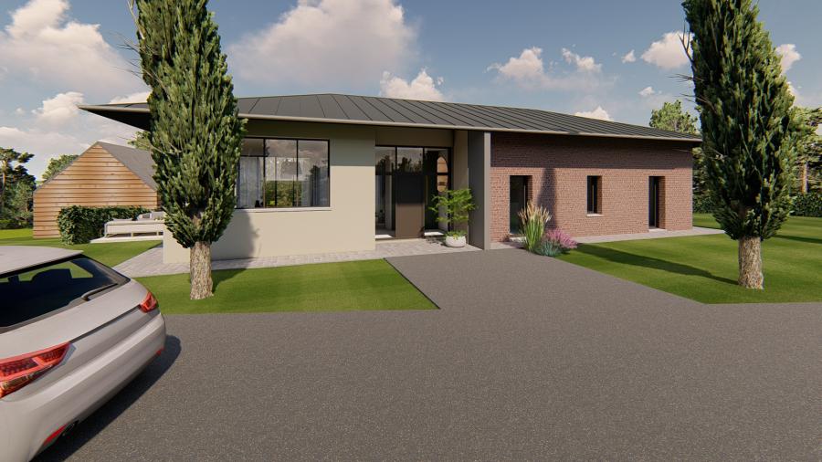 Façade avant en 3D de cette construction avec briquettes