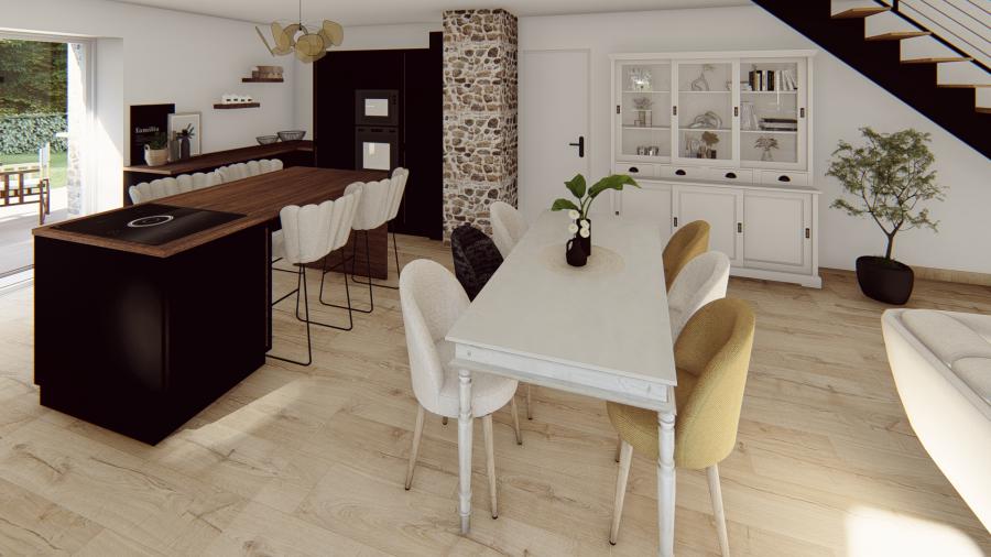 Rendu 3D de la cuisine et du séjour après rénovation