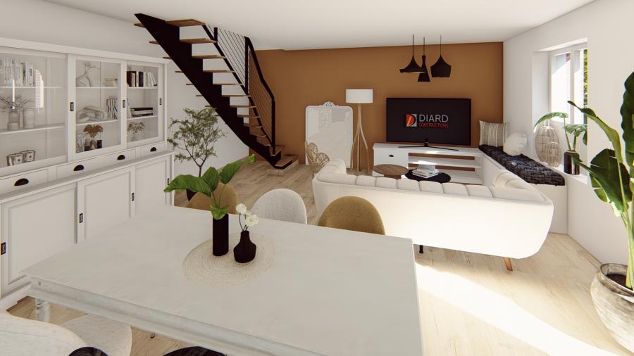 Rendu 3D de la pièce de vie avec ses couleurs chaleureuses pour un rendu moderne