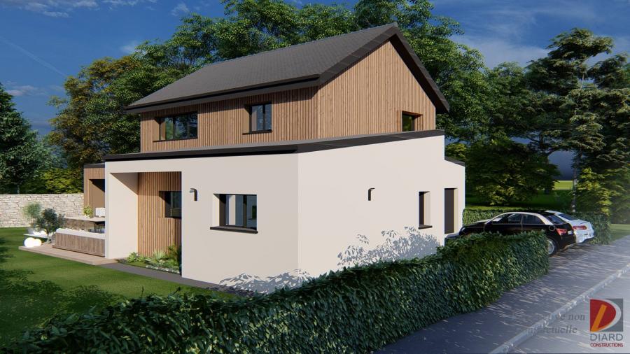 Façade Sud-Est en 3D de cette construction neuve, son bardage bois et sa couverture zinc