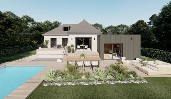 Façade arrière d'une maison des années 70 avec ses extensions
